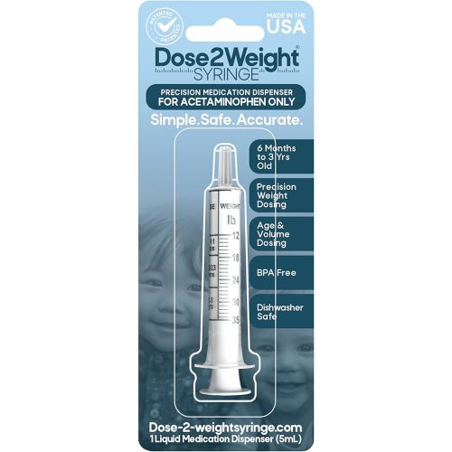 DOSE-2-WEIGHT Oral Syringe, Precision Dosing Dispenser for Infants Acetaminophen (160mg/mL), for Children Under 3 Yrs Old, Patented, Made in America