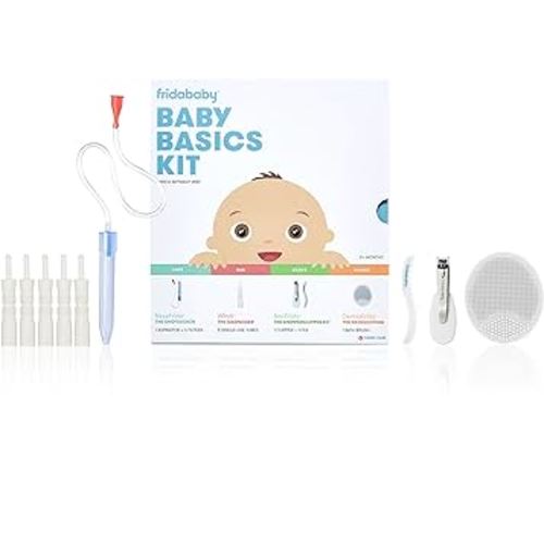Frida Baby Basics Kit | Baby Essentials Kit Includes Nasal Aspirator Snotsucker, NailFrida Nail Files, Windi Gas Relief, DermaFrida Bath Brush + Silicone Carry Case