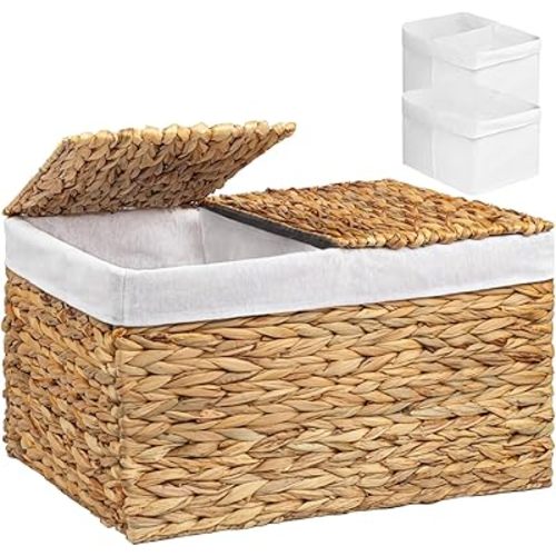 Handwoven Wicker Storage Basket with 2 Lids & Liners, Large Shelf Basket for Clothes, Toys, Blankets, Foldable Storage Trunk, Storage Bin for Living Room & Bedroom Organization, 105L Water Hyacinth