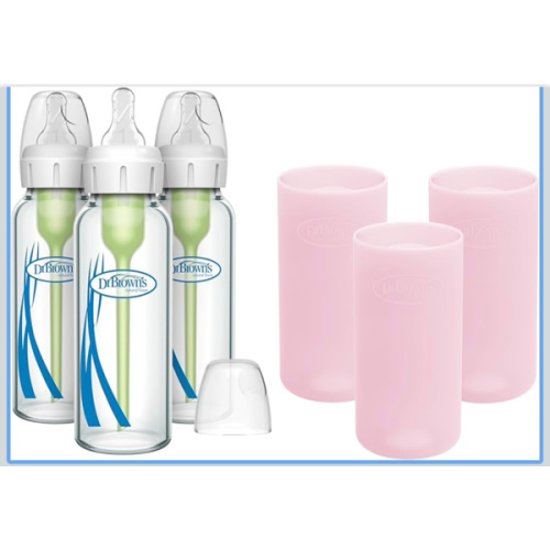 Dr. Brown's Natural Flow Anti-Colic Options+ Narrow Glass Baby Bottles 8 oz/250 mL, with Level 1 Slow Flow Nipple, 3 Pack 0m+ with Pink 100% Silicone Sleeves, BPA-Free