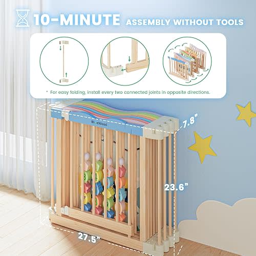 Foldable Wooden Playpen - Adjustable Wood Baby Play Yard with Child-Proof Lock, Indoor Large Safety Fence for Babies and Toddlers - Easy Assembly, 55 x 55 x 24 inches, Ocean Adventure, Colorful
