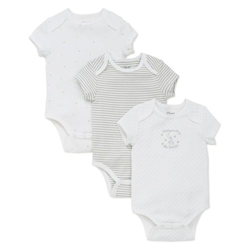 Little Me Baby Gender Neutral 3-Pack Short Sleeve Bodysuit Scratch Free 100% Cotton, Quick Snap Closures, Newborn to 9 Months
