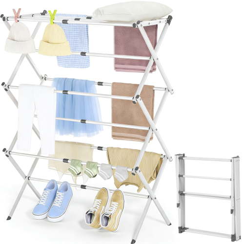 Kisportee Clothes Drying Rack Folding, 3 Tier Expandable Clothes Drying Rack Clothing, Laundry Drying Rack, Small Clothes Hanger for Baby Clothes Towels Bibs, Socks, Air Drying Rack, White