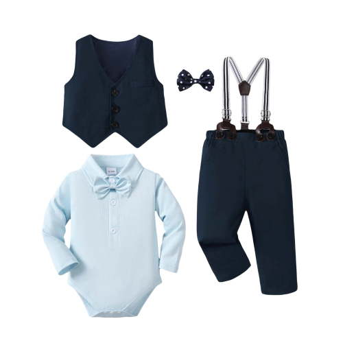 KIMI BEAR Newborn Baby Boy Outfit Set 0-3 Months Gentleman Dress Romper Vest Suspender Pants Bow Tie Cotton Suit Sets 4pcs Formal Wedding Clothing Blue