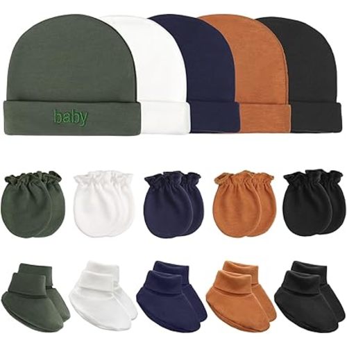Newborn Baby Hats Mittens and Socks Set Cotton Infant Beanie Cap Socks Mittens for Newborn Baby Boy Girl 0-6 Month