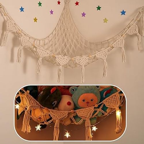 Stuffed Animal Hammock Net w/LED Star Light, 56 Inch Jumbo Toy Hammock for Stuffed Animals Teddy Plushie Net, Cream Stuffed Animal Storage Corner for Kid Girls Boys Gift
