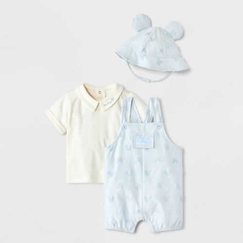 Baby Boys' 3pc Disney Mickey Mouse Shirt & Shorts Overalls Set with Hat - Blue 3-6M