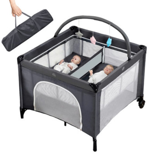 Twin Bassinet - Foldable Double Bassinet For Twins With Hanging Toys & Storage Basket, Portable Bedside Sleeper Pack And Play With Carry Bag Grey | Wayfair