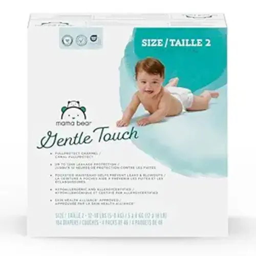 Amazon Brand - Mama Bear Gentle Touch Baby Diapers, Size 2, 184 Count (4 packs of 46), Leak Protection, Wetness Indicator, Fragrance-Free, Chlorine-Free