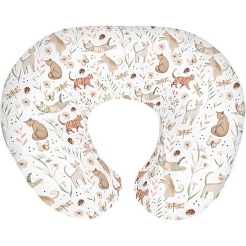Cute Cat Boho Floral Leaves Baby Nursing Pillow Covers for Boy Girl Kittens Meadow Butterflies Nursery Pillowcase for Breastfeeding Pillows Cats Lover Gift Soft Stretchy Slipcovers for Newborn Infant