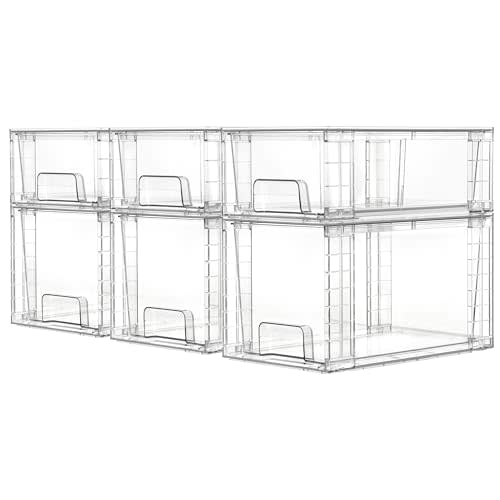 Vtopmart 6 Pack Clear Stackable Storage Drawers,Easy to Assemble Bathroom Organizers and Storage with handles,Plastic Drawers for Kitchen Pantry,Cabinet,Under Sink Organization