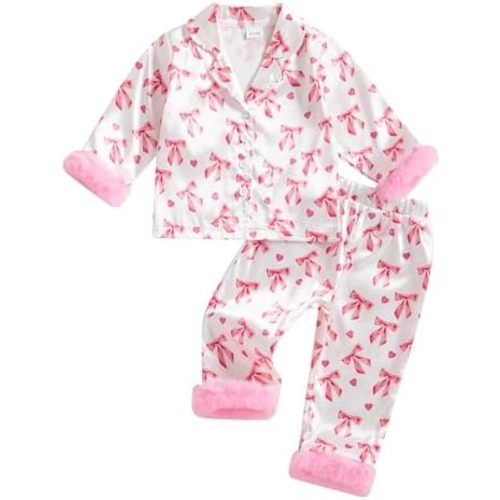 fyclemt Toddler Baby Girl Satin Pajamas Feather Trim Long Sleeve Button Down Shirt Long Pants 2PCS Pjs Sleepwear Lounge Sets