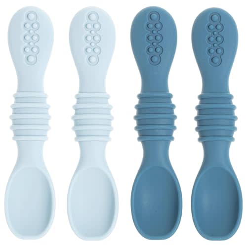 Silicone Baby Spoons for Baby Led Weaning 4-Pack, First Stage Baby Feeding Spoon Set Gum Friendly BPA Lead Phthalate and Plastic Free, Blue