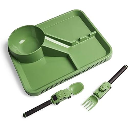 Dinneractive Dining Set For Kids - 3PC Green Army Dinnerware - Army Truck Tank Utensils - Toddler Plates - Baby Dishes