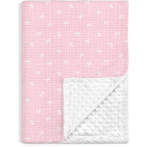 SANDJEST Bow Minky Muslin & Dotted Blanket 30x40 in Gift for Holiday, Gender Reveal Party, Hospital Visit, Baptism (Pink)