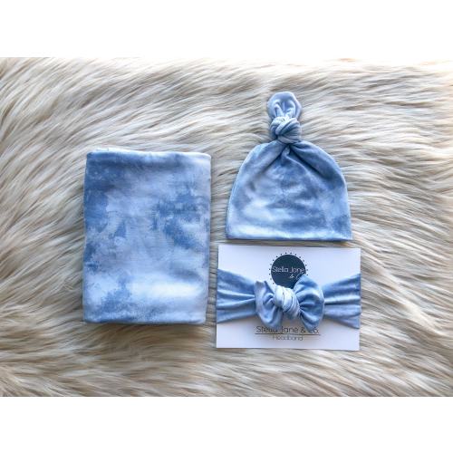 Sky Blue Tie Dye Baby Swaddle Blanket: Stretchy Marble Print with Top Knot Hat
