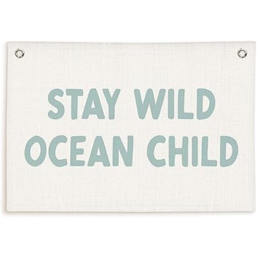 Lacama Beach Theme Wall Decor for Boys Room, Coastal Kids Playroom Nursery Hanging Sign, Stay Wild Ocean Child Linen Canvas Banner, Rustic Nautical Surf, 30x20 Inch