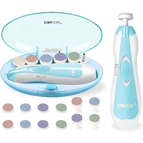 Fansidi Upgraded Baby Nail Trimmer Electric | Easy & Safe Baby Nail File, Precise 4-Stage Gentle Nail Buffer + Nail Clippers for Newborn to Toddler, with 18 Grinding Heads & Soft LED Light, Blue