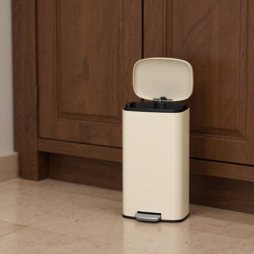 LEDREM Stainless Steel 8 Gallon Trash Can with Step Pedal , Soft-Close Lid & Inner Bucket for Kitchen/Bathroom ,Sand Beige