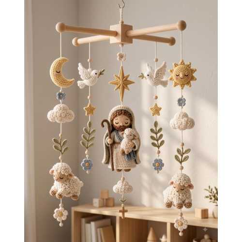 Crochet Good Shepherd Baby Mobile, Jesus Lamb Crib Mobile, Christian Nursery Decor, Baptism Gift, Catholic Baby Shower Gift
