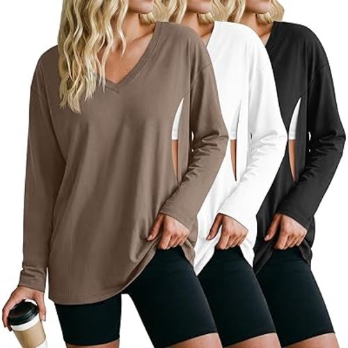 3 Pack Women's Oversize Nursing Shirts for Breastfeeding with Hidden Zippers Loose Fit Long Sleeve Maternity Tops