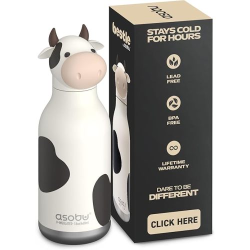asobu Bestie Bottle Insulated Stainless Steel Water Bottle with Detachable Soft Animal Head Fun Drinking For Kids and Teens with Flexible Reusable Straw 16 Ounce