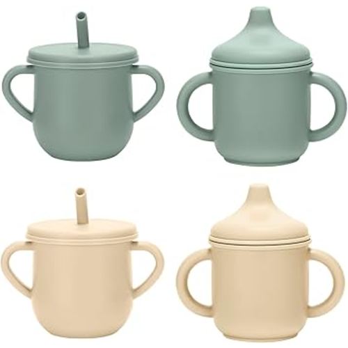 Silicone Toddler Cups Set, 2 Straw Cups and 2 Sippy Cups for 6+ Months Baby, Leakproof Spillproof Training Cups with Handles, Easy Clean (Green+Beige)