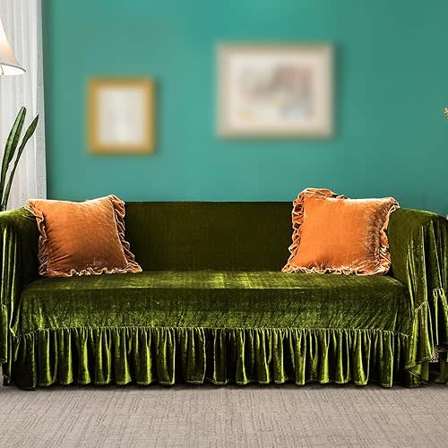 GLORY SEASON Velvet Sofa Cover Soft Decorative Luxurious Solid Exquisite Ruffle Trim,Retro Farmhouse Vintage Sofa Slipcover Couch Cover for 2-3 Cushion Sofa for Living Room 1PC 71x134 Inch