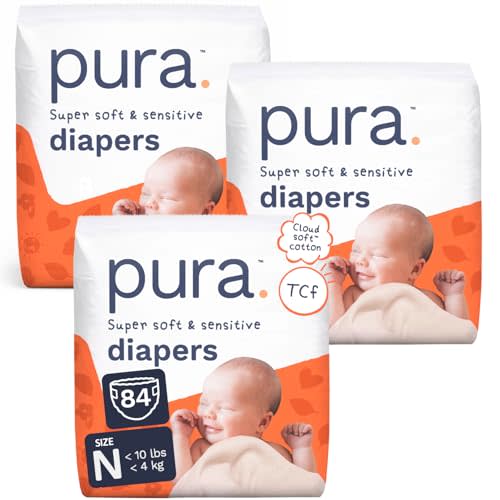 Pura Newborn Baby Diapers Size N (Up to 10 lbs), 3 Pack (84 Hypoallergenic Diapers) Totally Chlorine Free (TCF), Disposable Diapers for Sensitive Skin, Blowout Protection & Wetness Indicator