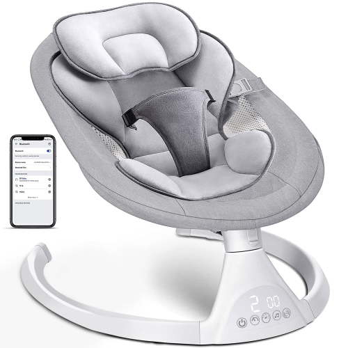 Baby Swing for Infants, OEIKPFN Bluetooth Baby Bouncer for Babies 0-9 Months with 5 Speed, Gray