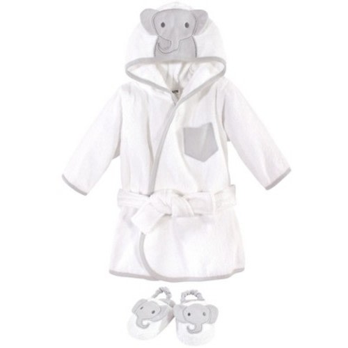 Hudson Baby Infant Cotton Animal Face Bathrobe and Slippers 2pc Set, Modern Elephant, 0-9 Months