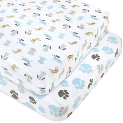 Baby Essentials 2 Pack of 52”L x 28”W Standard Microfiber Patterned Fitted Elastic Baby Crib Sheets for Newborns, Infants and Toddlers Nursery, Crib, Bed and Mattress in Doggies & Paws