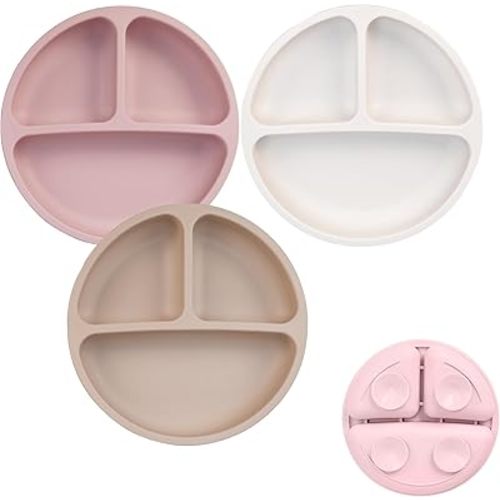 Tiny Marvels Baby Plates 3 Pack, 100% Food Grade Silicone Toddler Plates, Divided Baby Suction Plates, Non-Slip Toddler Plate Set, Baby Led Weaning Supplies, Microwave & Dishwasher Safe