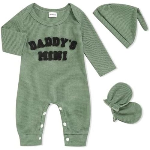 GRNSHTS Newborn Baby Boy Romper Coming Home Outfits Letter Print Bodysuit Jumpsuit+Hat+Gloves 3PCS Clothes Set