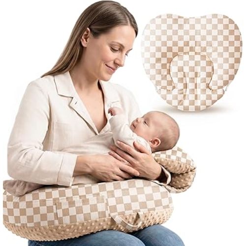 Konssy Nursing Pillow for Breastfeeding and Bottle Feeding, Safety Guard Baby Feeding Pillow, Gentle Incline, Waist Strap, Side Pocket for New Moms Home and Travel