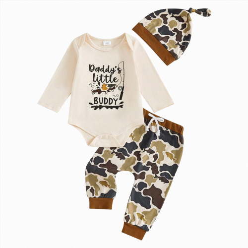 Gerichy Baby Boy Outfit Daddys Little Buddy Letter Fish Print Long Sleeve Romper Camouflage Pants and Hat Fall Outfit 0-12 Months