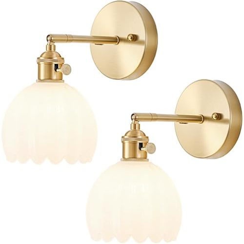 Wall Sconces Set of Two Hardwired, Vintage Sconce Light with Tulip Milk White Glass Lampshade, Bathroom Wall Lights with Switch, Gold Wall Light Sconces Wall Decor Set of 2