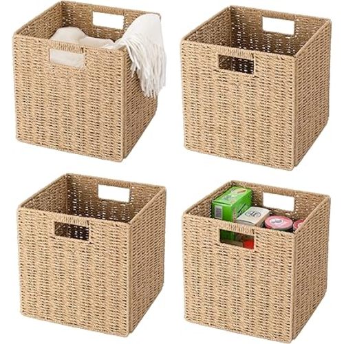 13" x 13" x 13" Wicker Storage Basket,Woven Paper Rope Wicker Baskets,Set of 4 Collapsible Square Organizers,Foldable Cube Storage Bins