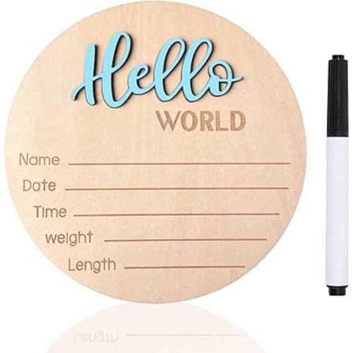 Baby Announcement Sign, ​5.9 Inch Wooden Hello World Newborn Signs, Birth Announcement Sign, Baby Shower Hospital Nursery for Newborn Boys and Girls (Sky Blue,Pen)