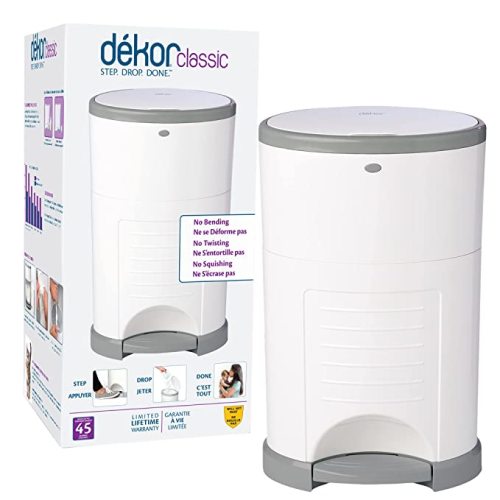 Dekor Classic Hands-Free Diaper Pail | White | Easiest to Use | Just Step – Drop – Done | Doesn’t Absorb Odors | 20 Second Bag Change | Most Economical Refill System - white