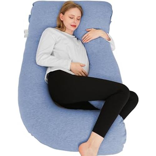 Chilling Home Pregnancy Pillow, U Shaped Pregnancy Pillows for Sleeping Full Body Pillow Maternity Pillow for Pregnant Women 58 inch, Pregnant Women Must Have with Removable Cover, Blue-Jersey