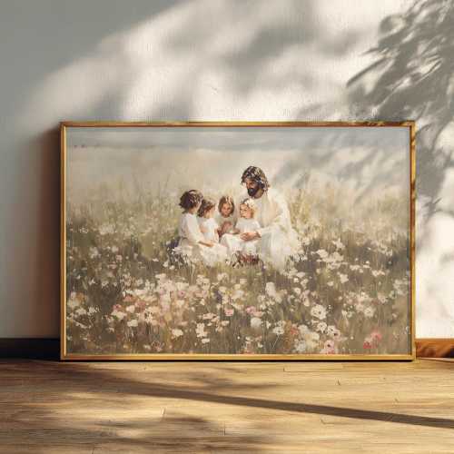 Poster Print, Jesus with Children Wall Art, Vintage Style Muted Color Painting, Spiritual Christian Home Décor, Child of God,Peace in Christ