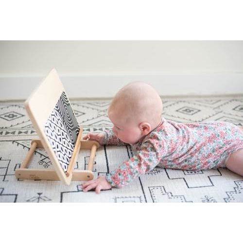 Peariwinkle Montessori Tummy Time Set – Baby Safe Mirror, Sensory Crinkle Toy, FSC Wood Stand – High Contrast Black and White Toys for Newborns, Infants 0-6 Months – Visual Development & Crawling Aid