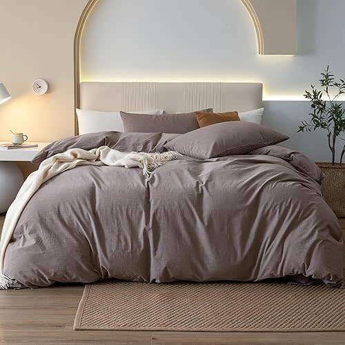 JIYUAN 100% Washed Cotton Duvet Cover Set Comfy Simple Style Soft Breathable Textured Durable Linen Feel Bedding for All Seasons King, Heathered Mauve Brown