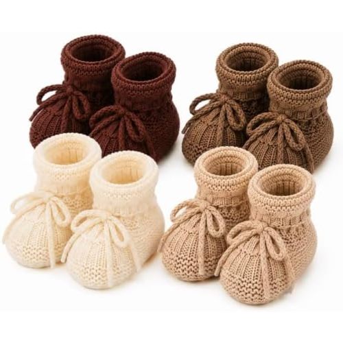 gisgfim 4 Pairs Knitted Baby Booties Newborn Walking Shoes Cotton Bootie Cozy Warm Soft Sock Slippers Crochet Baby Sock Cotton Indoor House Shoes Newborn Knit Boots for Infant Girl Boy