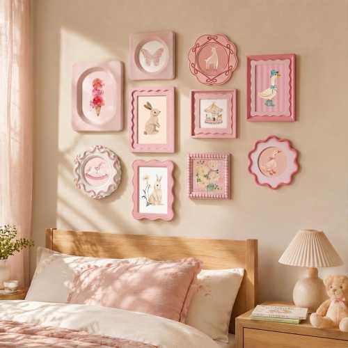 Pink Nursery Wall Art Frame, Assorted Shapes Picture Frames Set, 4x4 4x6 5x7 Wavy Beaded & Velvet Frames for Baby Girl Nursery Decor
