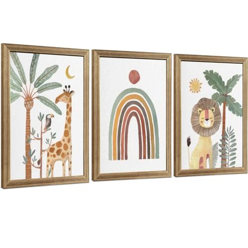VisionaryBrush 3 Pieces Framed Boho Animal Nursery Canvas Wall Art, Safari Nursery Wall Decor Kids Room, Giraffe Lion Rainbow Wall Decor for Boys Girls Nursery Bedroom Wall Decor 12x16 Inch