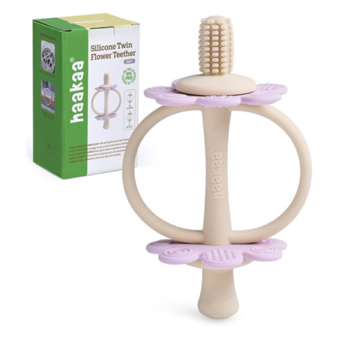 haakaa Silicone Twin Flower Teether,Nipple-Shaped End for Gum Massage,360° Baby Toothbrush Head for Self-Brushing Training,Easy to Grip - Lavender