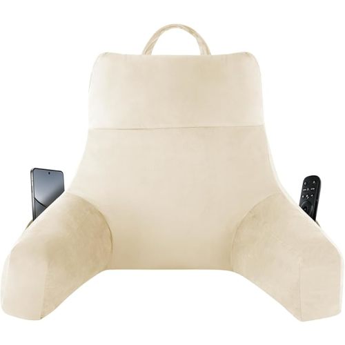 Back Pillow for Bed Sitting up, Reading Pillow for Sitting in Bed Adult, Back Support Pillow, Memory Foam Sit up Lounge Backrest Pillow with Arms for TV, Couch, Chair, Dorm, 18 Inch, Beige