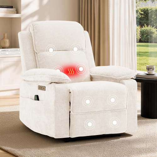 GEEYOO Power Recliner Chair with Massage & Heat,Electric Recliner Chair with USB Ports & Type C for Living Room,Chenille,Beige